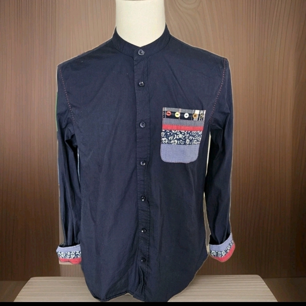 Desigual Men’s Shirt Medium Blue Button-Up Mandarin Collar Patch Pocket LS Mens - Picture 6 of 11